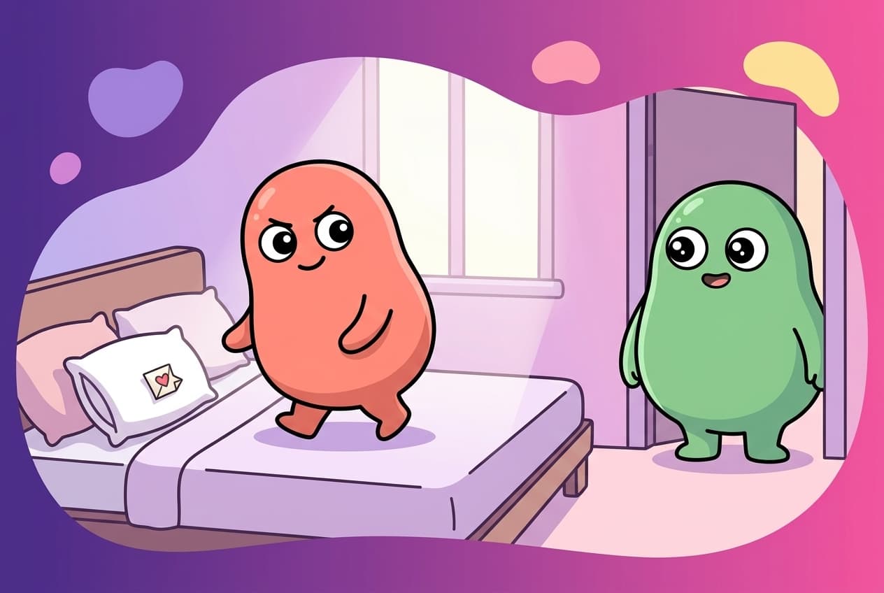 The coral peek partner tiptoes to leave a small folded note with a little heart on a pillow, while the mint partner notices it from the doorway with a warm surprised smile.