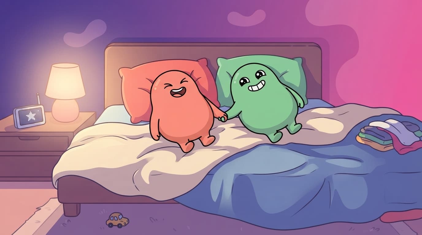 The coral and mint peek couple lying side by side on top of a rumpled duvet, laughing at something silly, a baby monitor and a pile of folded washing pushed to the edge of the bed.