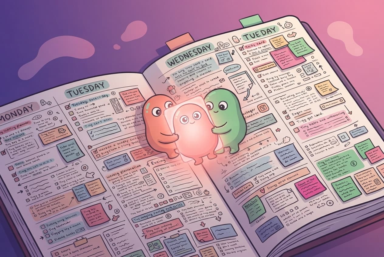 A single small glowing card tucked into the crowded pages of a packed planner, standing out warmly against a busy schedule.