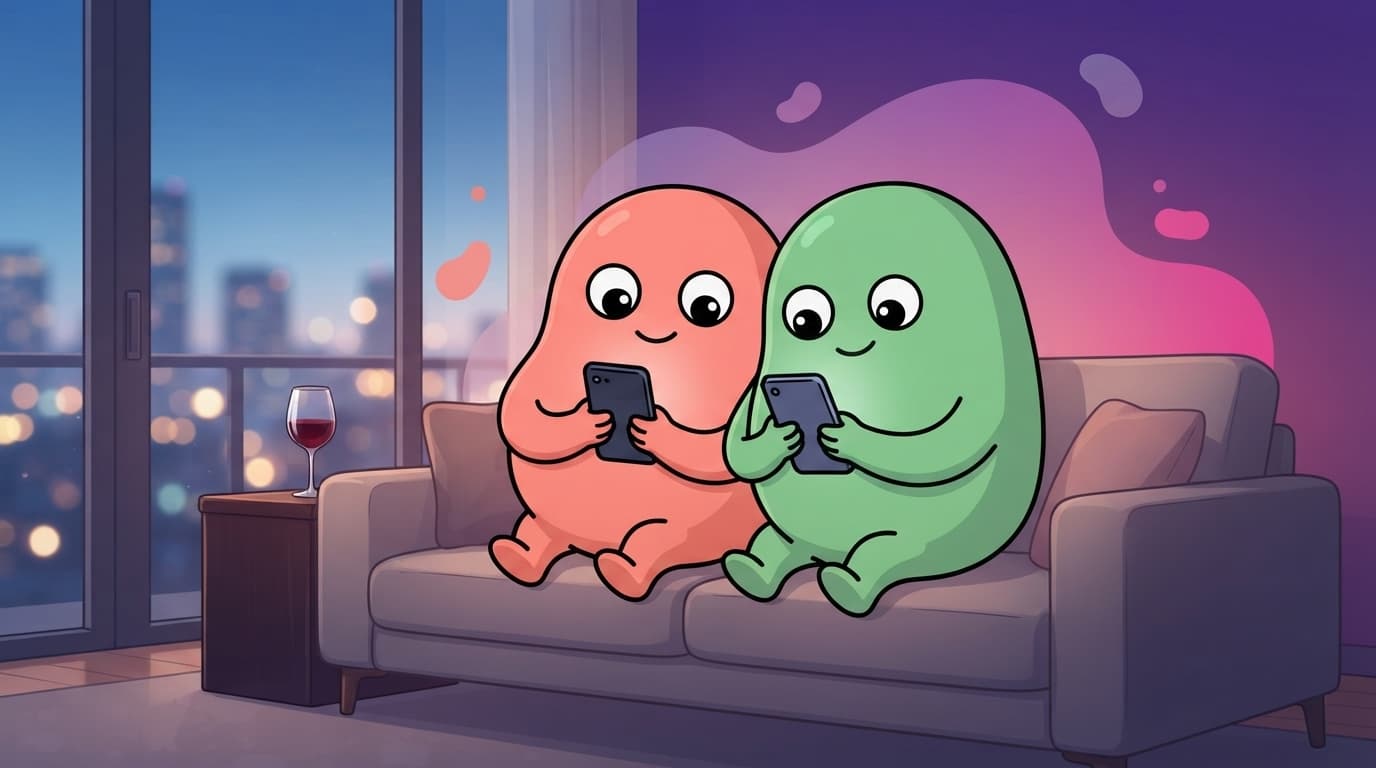 The coral and mint peek couple sit close on a couch in a sleek city apartment at night, each holding their own phone at a private angle, expressions relaxed and curious rather than guarded.