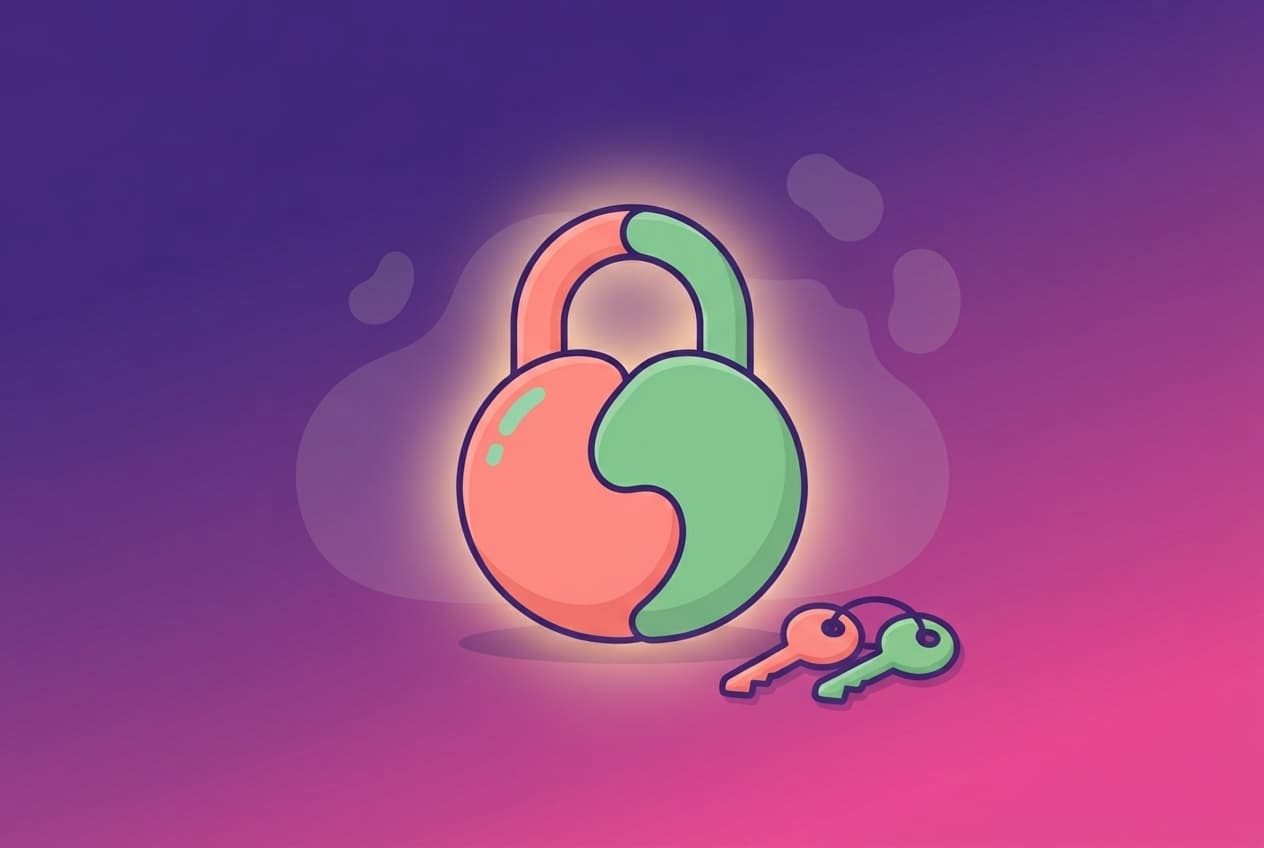 A single closed padlock made of two soft interlocking coral and mint shapes, with two matching keys resting beside it, symbolising that nothing opens until both partners agree.
