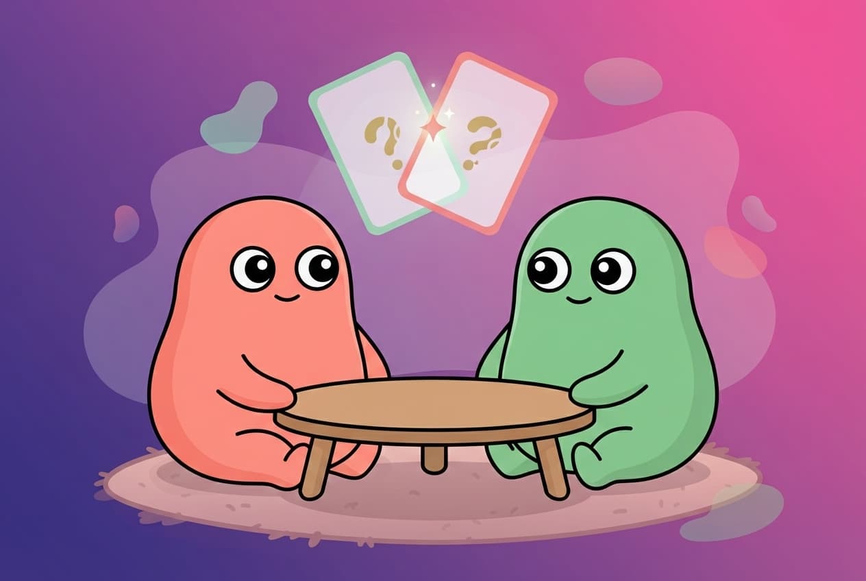 two overlapping speech-bubble cards floating above the coral and mint peek couple, each revealing a small hidden question about the other.