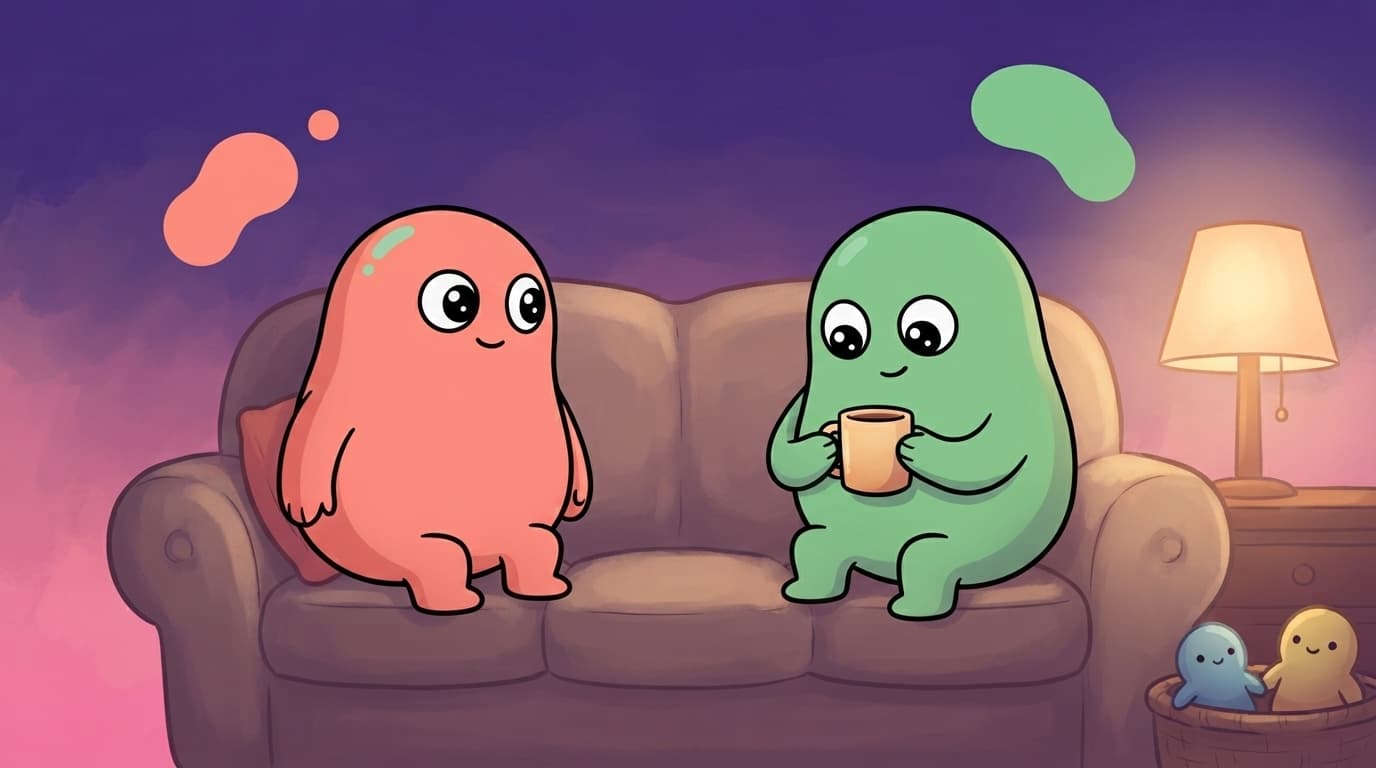 The coral and mint peek couple sitting a little apart at opposite ends of a couch late in the evening, both awake, a warm lamp between them and a soft space in the middle neither has crossed yet.