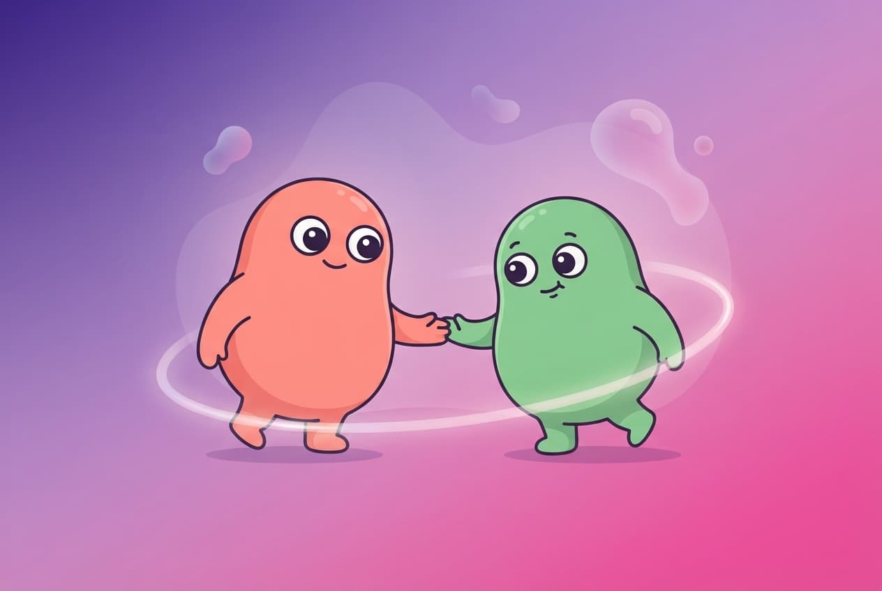 The coral and mint peek humanoids as two people rediscovering a shared dance, one offering a hand and the other reaching back, their movement leaving a soft glowing trail.