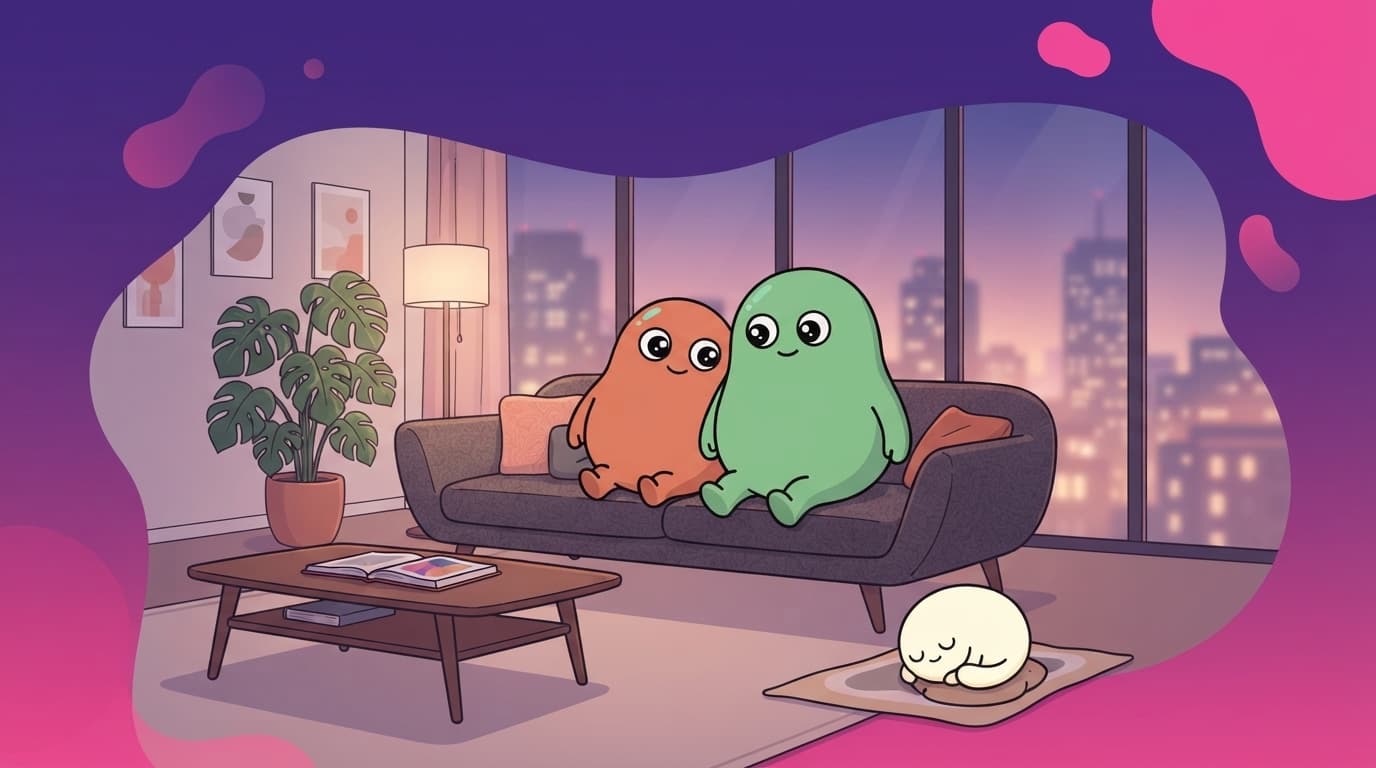two coral and mint peek blob-humanoid partners relaxed together on a sofa in a stylish city apartment at dusk, both masculine, easy and close, warm not clinical