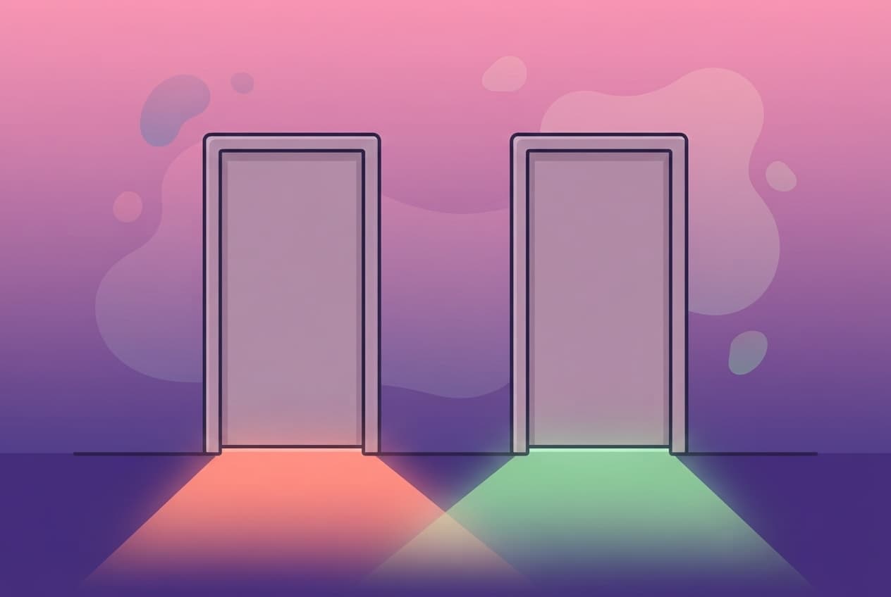 two identical plain doors side by side, a warm coral glow and a soft mint glow spilling out from under each at the same moment, a visual metaphor for both partners choosing at once so neither goes first