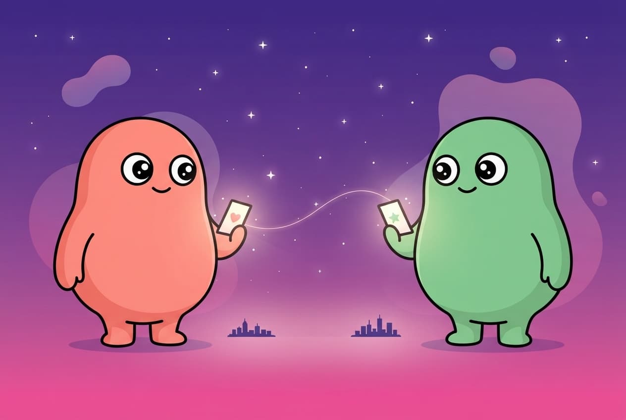 Two small glowing cards drift between the coral and mint peek blobs across a wide gap, one card lit on each side as if crossing the distance between two cities.