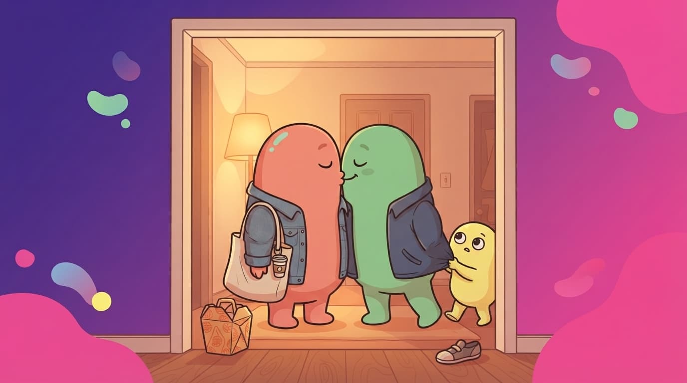 The coral and mint peek couple pausing in a doorway for a slow kiss while a small blob kid tugs at a coat and a bag slides off a shoulder.