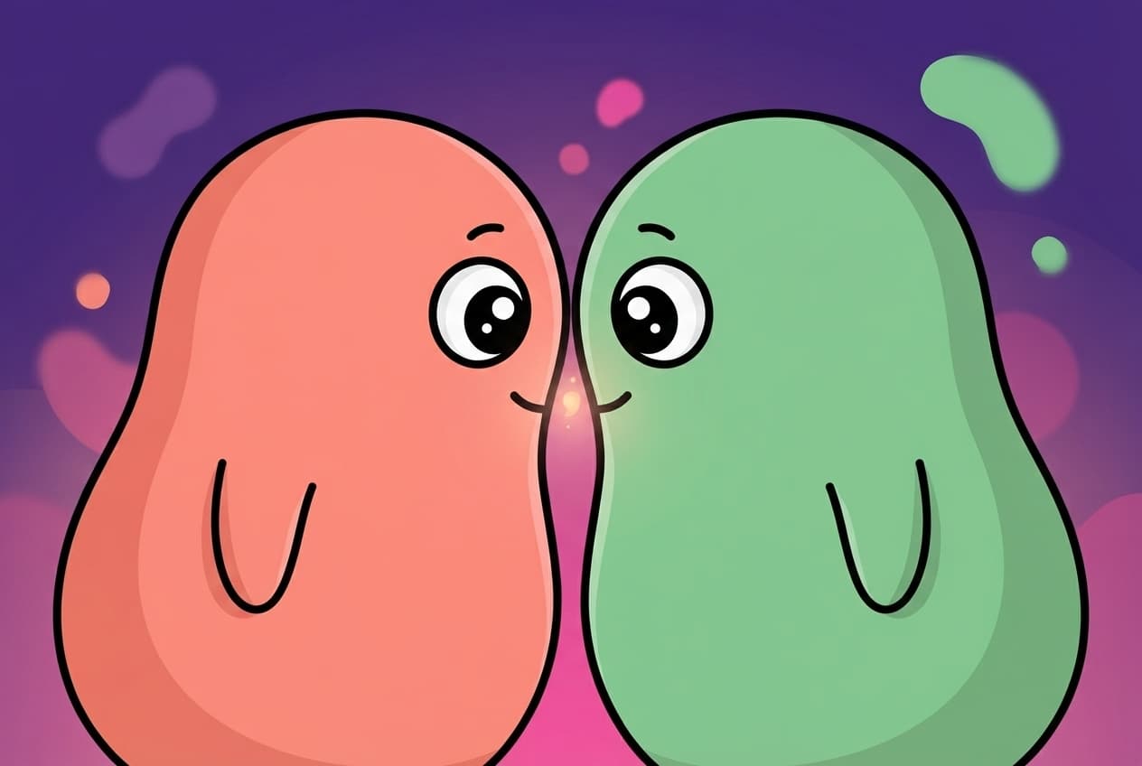 A close two-shot of the coral and mint peek couple almost kissing, foreheads nearly touching, a small playful spark glowing in the gap between them.