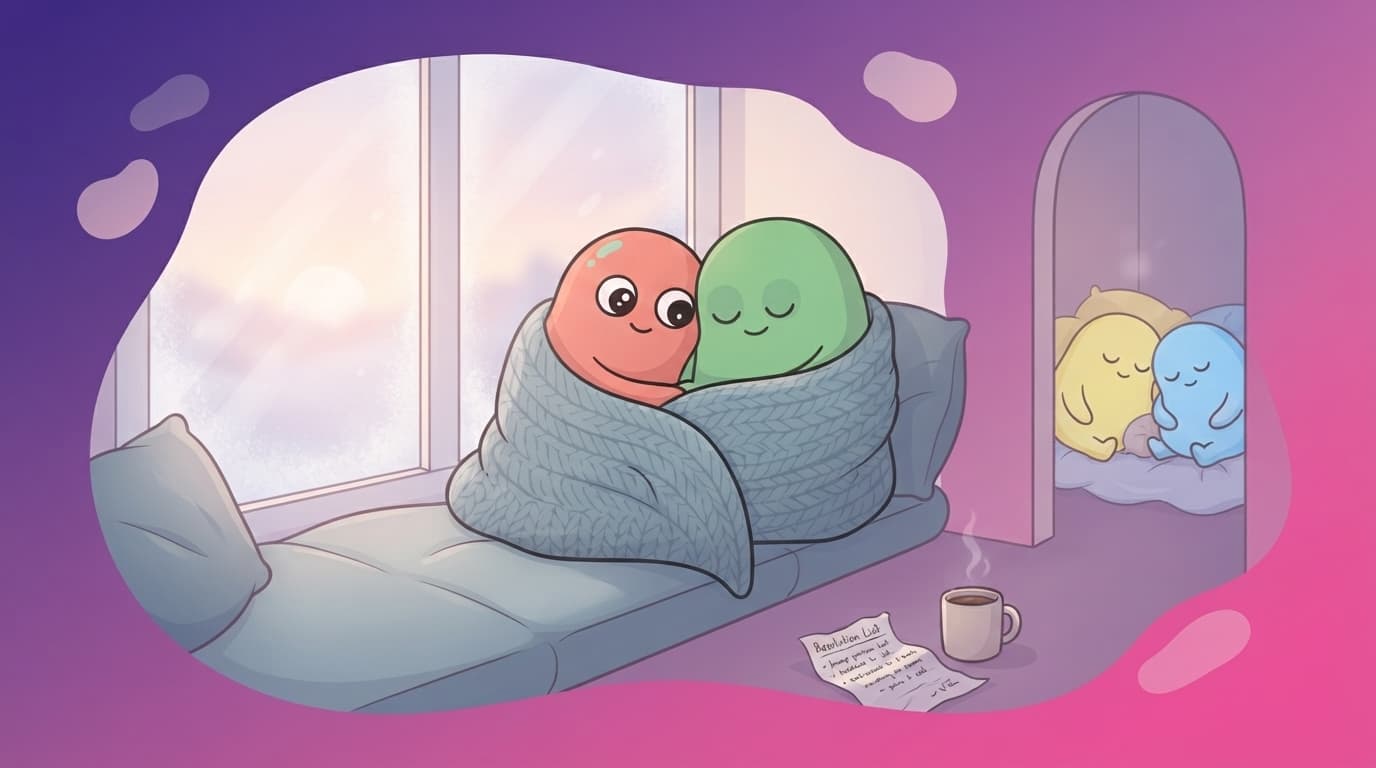 The coral and mint peek couple curled together on a windowsill at dawn on new year's morning, a resolution list on the floor beside them.