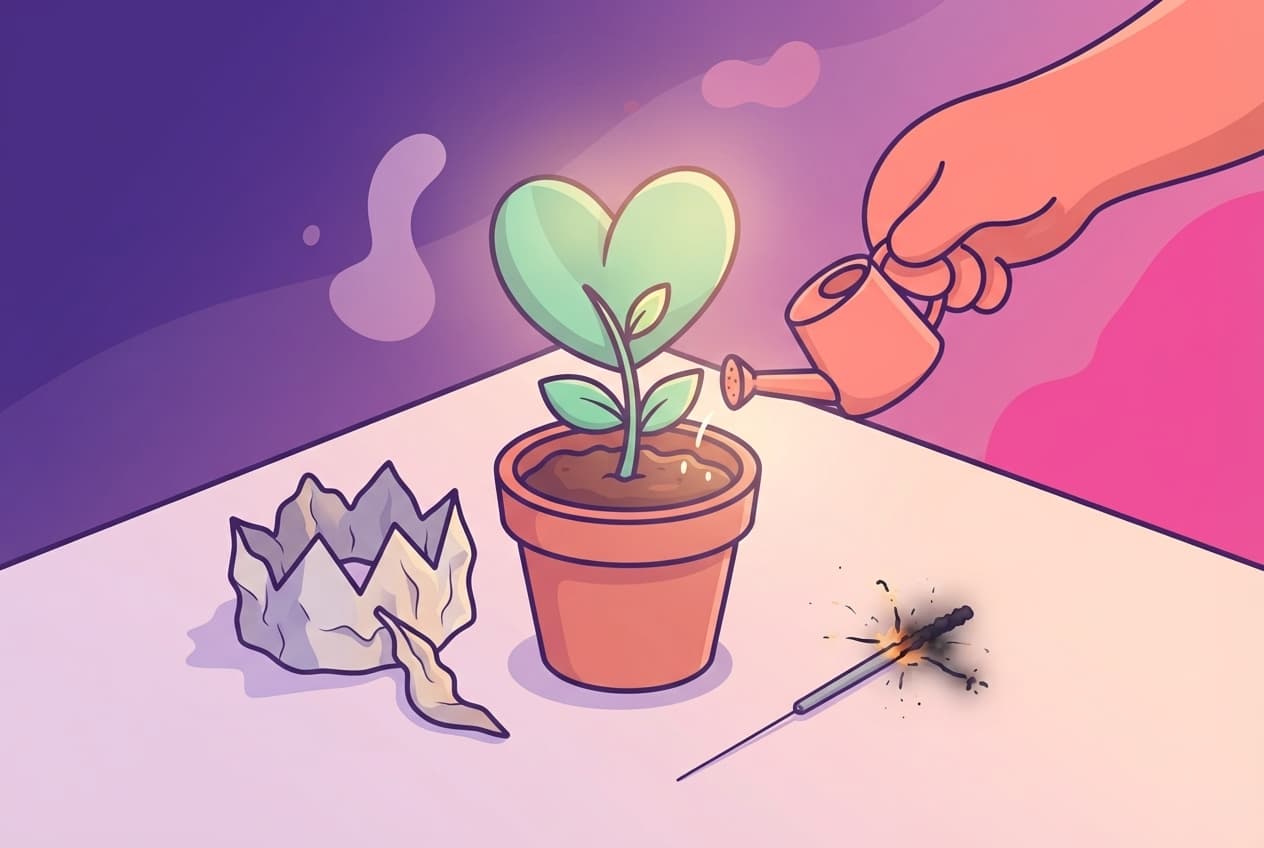 A hand watering a small potted plant shaped like a heart, next to a wilted paper crown, showing conditions instead of willpower.
