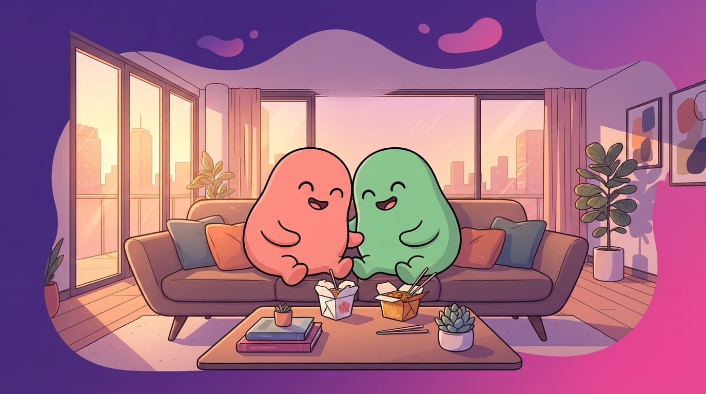 The coral and mint peek couple relax on a stylish city-apartment sofa at golden hour, close and laughing over takeaway, a warm easy closeness with a faint gap of space between them.