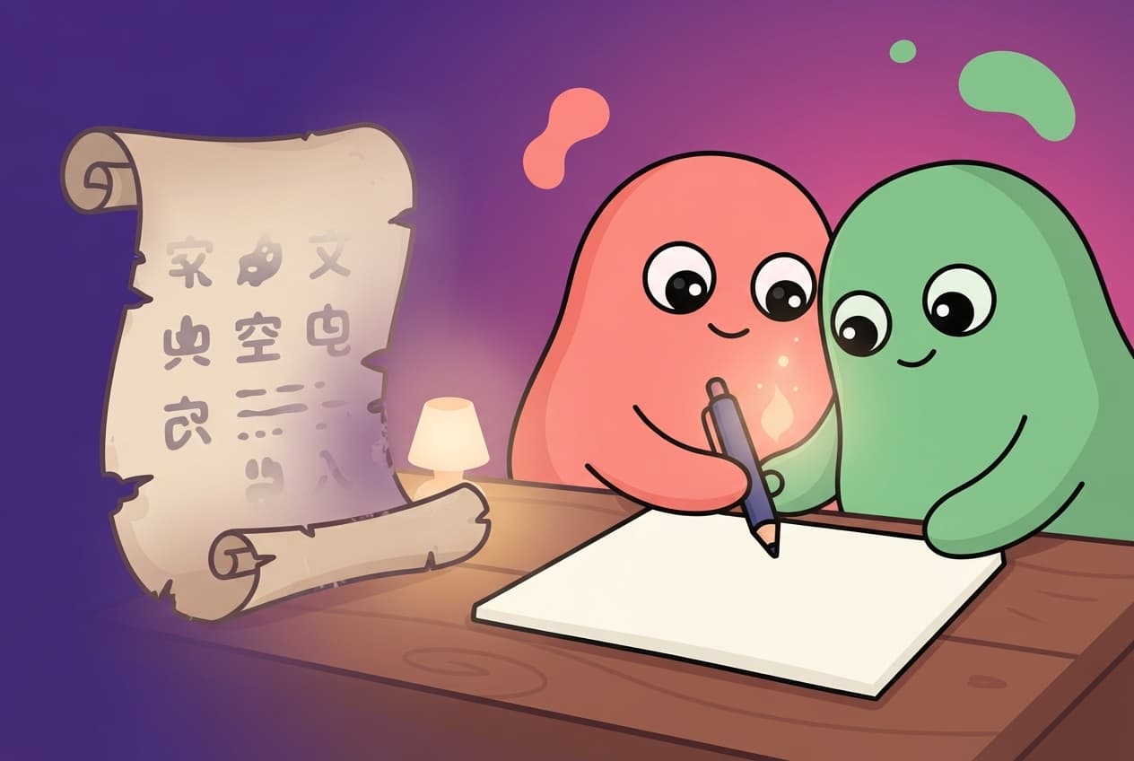 A worn cultural script curls up like an old scroll on one side while the coral and mint peek partners quietly write their own fresh page together on the other.