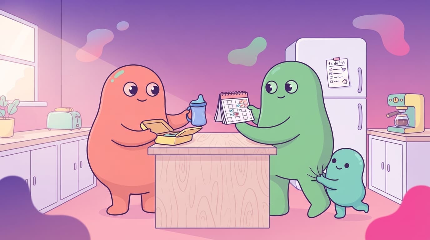 The coral and mint peek couple standing on opposite sides of a kitchen island passing a sippy cup and a calendar, running the household like a well-oiled crew.
