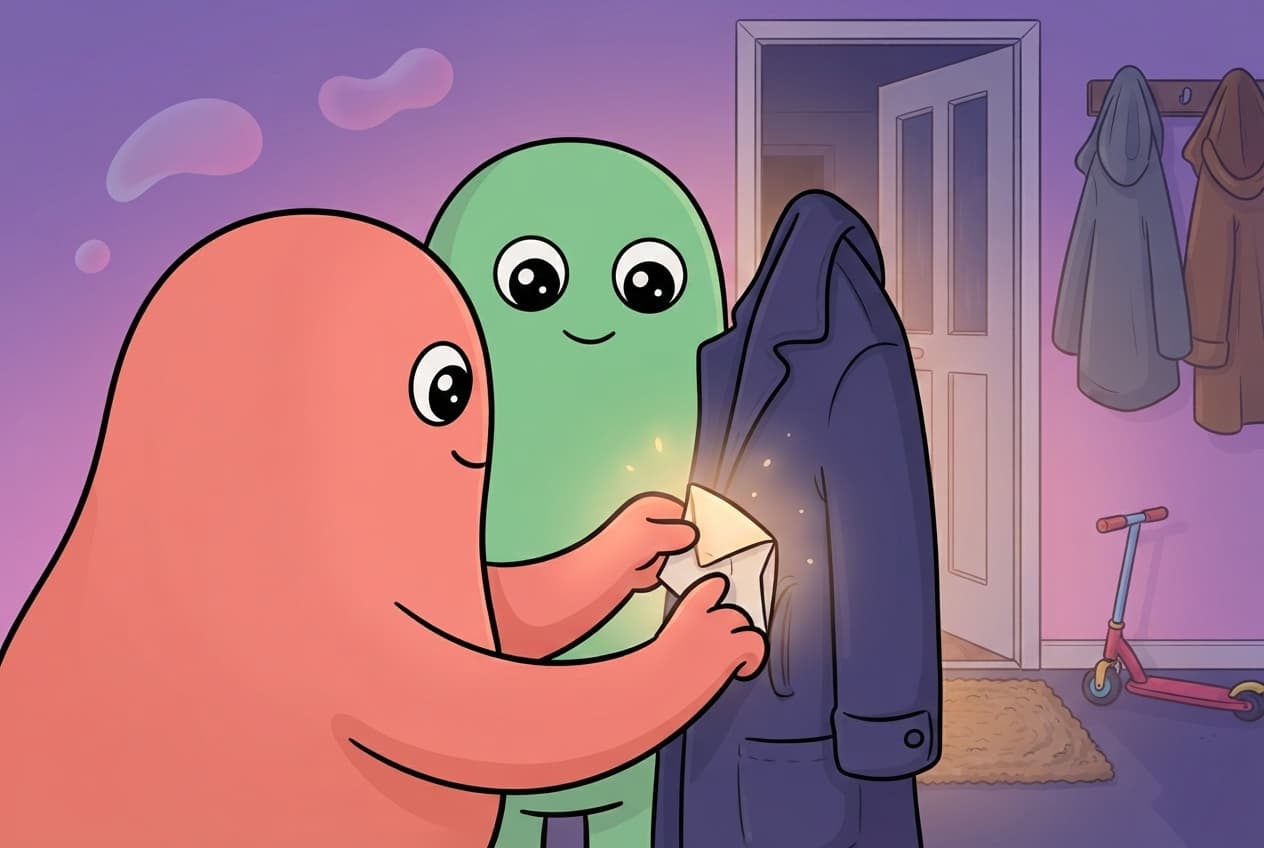 The coral peek character quietly slipping a small folded note into the mint character's coat pocket by the front door, a soft glow around it.