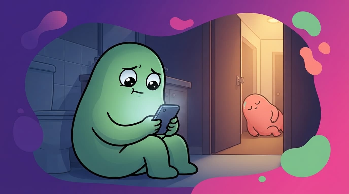 The mint peek partner sits on the bathroom floor at 3am in the glow of a phone reading about perimenopause, the coral partner asleep in the doorway light behind her, a quiet what-is-happening-to-me moment.