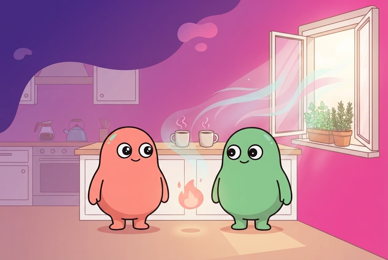 A wide illustration of the mint and coral peek couple in a sunlit kitchen, a slow-burning ember glowing warmly between them, catching light again from a small breeze rather than a struck match.