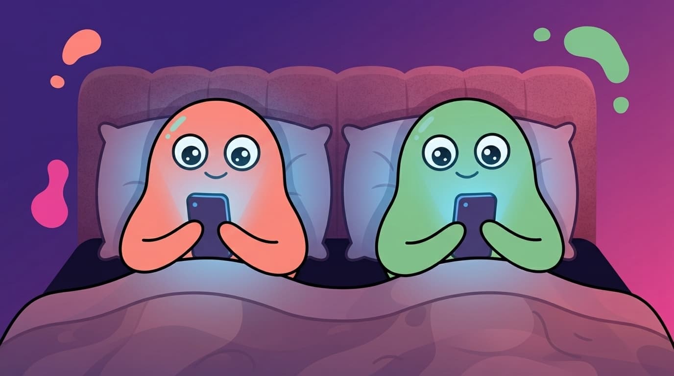 The coral and mint peek couple lie side by side in bed at night, each lit blue by their own phone, a small gap of dark between them.
