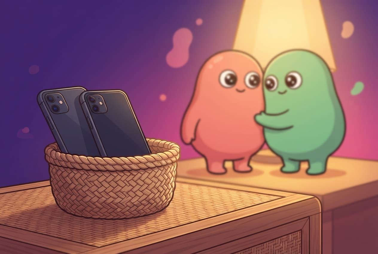 A small woven basket on a bedside table cradles two phones face-down, a soft warm glow rising from the bed beyond it.