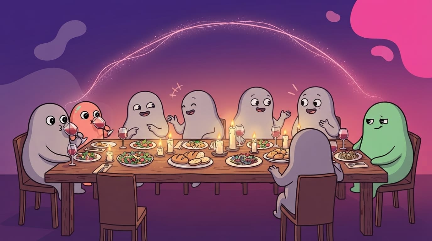 The coral and mint peek couple at a crowded dinner party, exchanging a tiny knowing look across the table while everyone around them chats, a small shared spark floating between just the two of them.