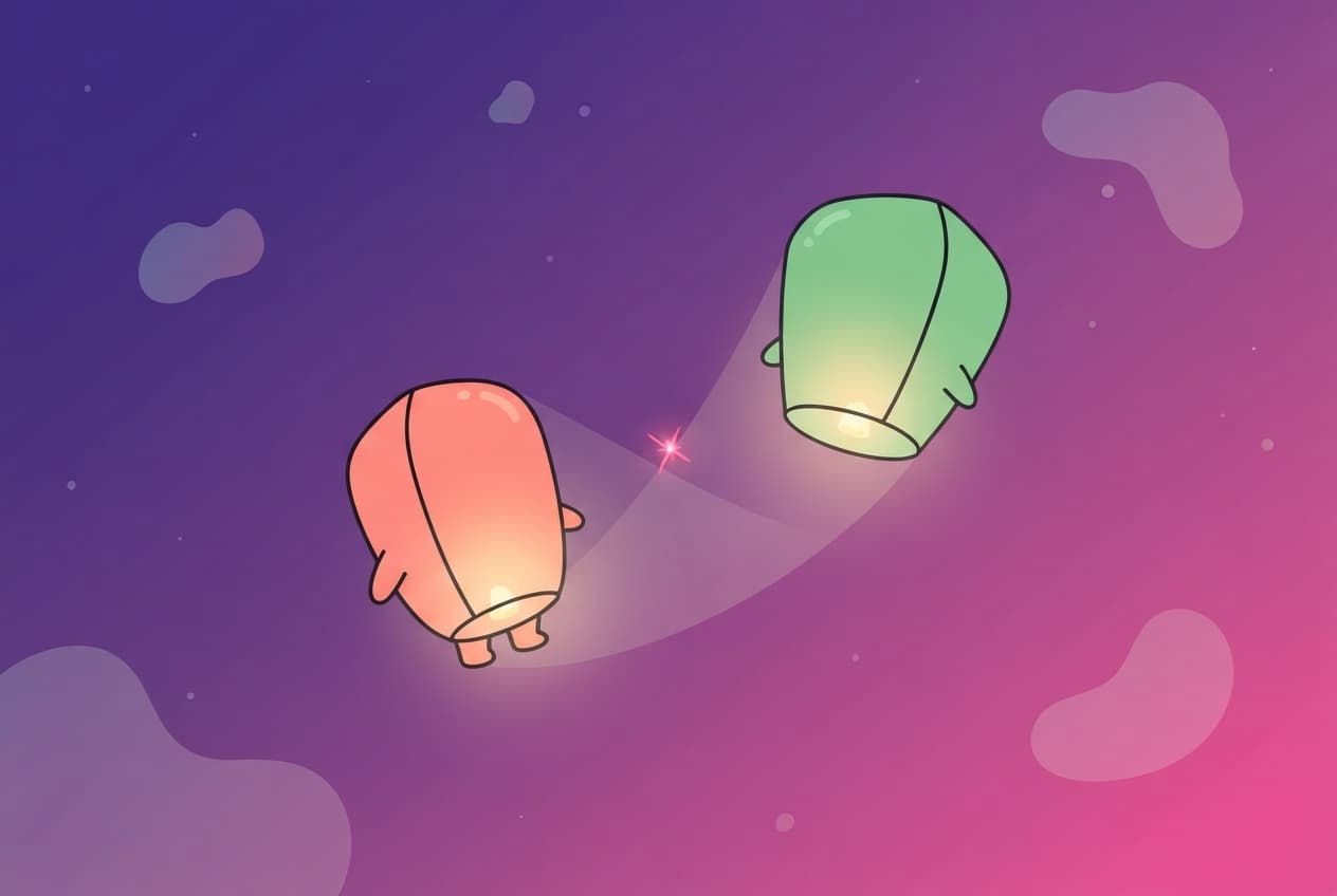 Two overlapping paper lanterns, one coral and one mint, drifting back toward each other in a dark sky with a single shared spark igniting where they meet.