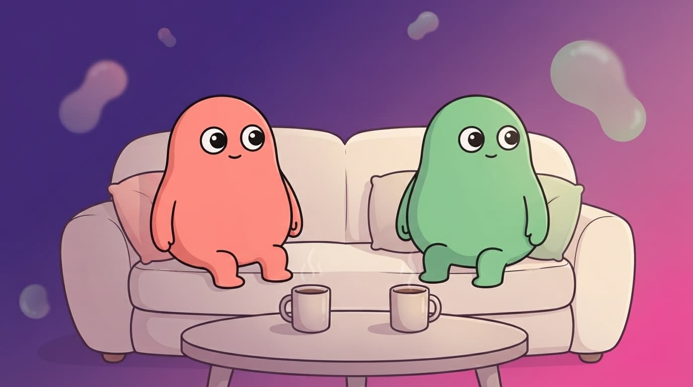 the coral and mint peek partners sit at opposite ends of the same couch the morning after a fight, coffee going cold, not quite looking at each other but not leaving either.