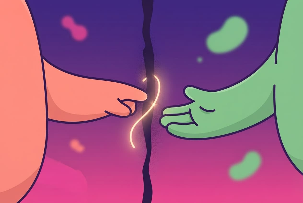 one peek partner reaches a hand across a small gap toward the other's open hand, a single mended thread of light joining them where the space used to be.