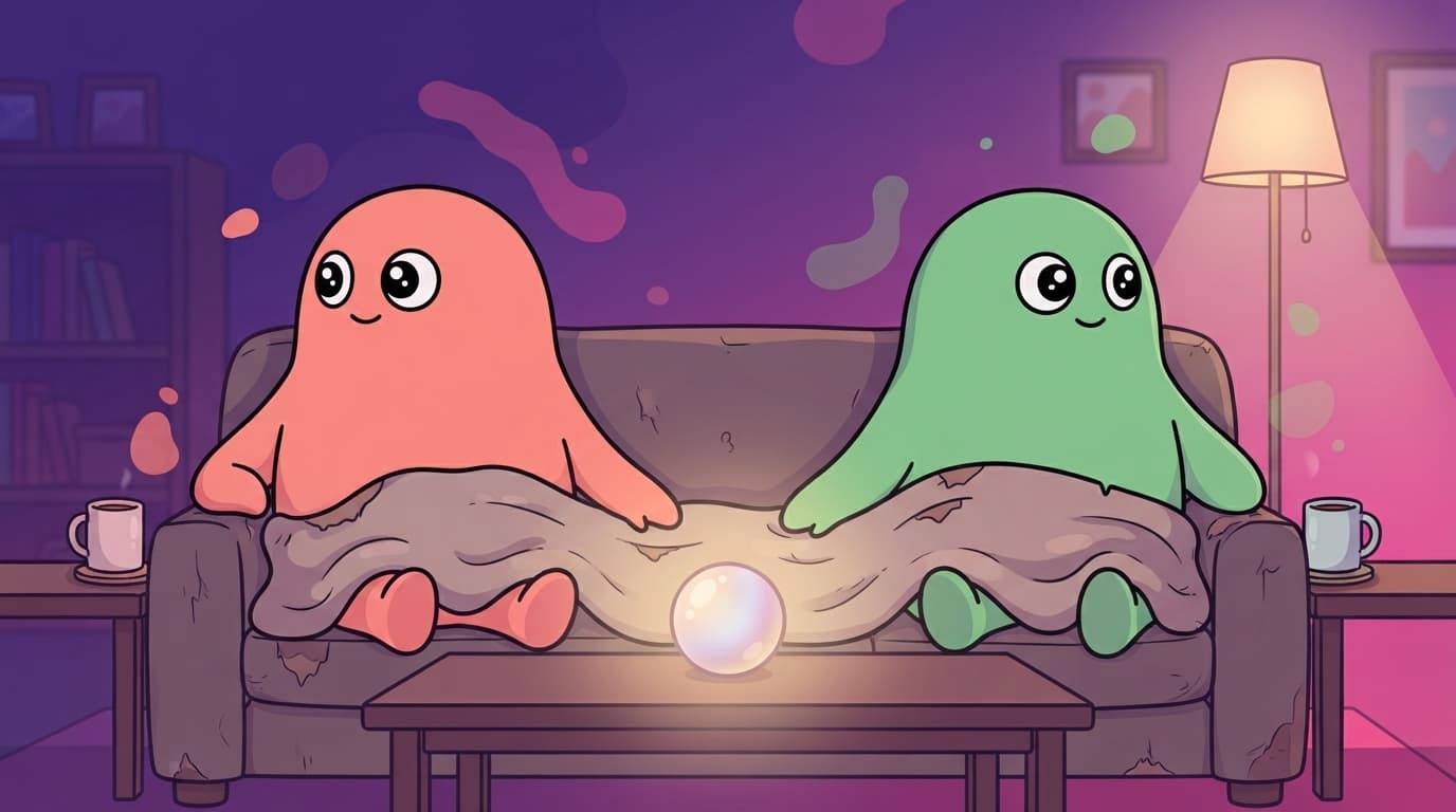 The coral and mint peek couple sit at opposite ends of the same couch, comfortable but distant, a warm glow starting to rise in the space between them.