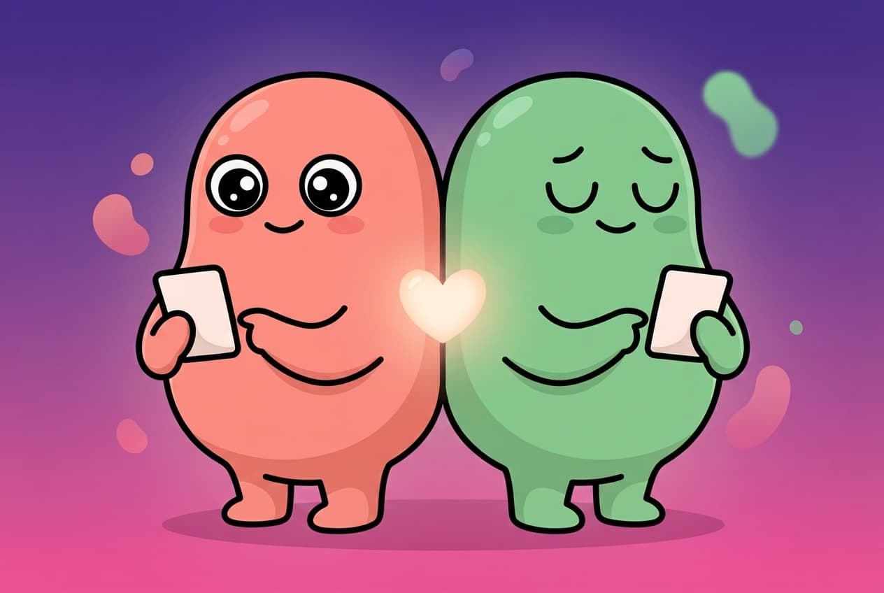 The coral and mint peek couple stand back to back, each privately holding up a small card that only lights up where the two cards overlap between them.