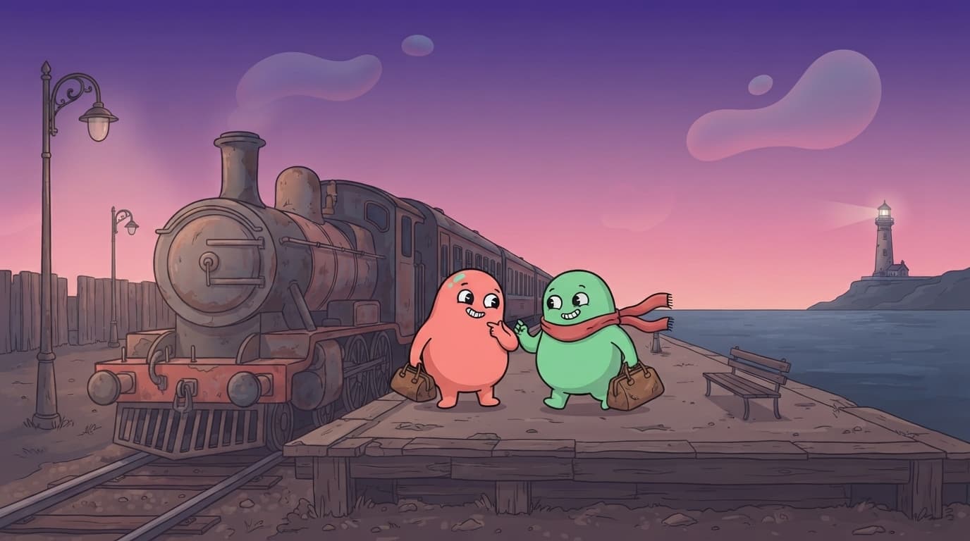 coral and mint blob-humanoid couple stepping off a train onto an empty, windswept seaside platform at dusk, one small suitcase each, grinning at each other like they've gotten away with something