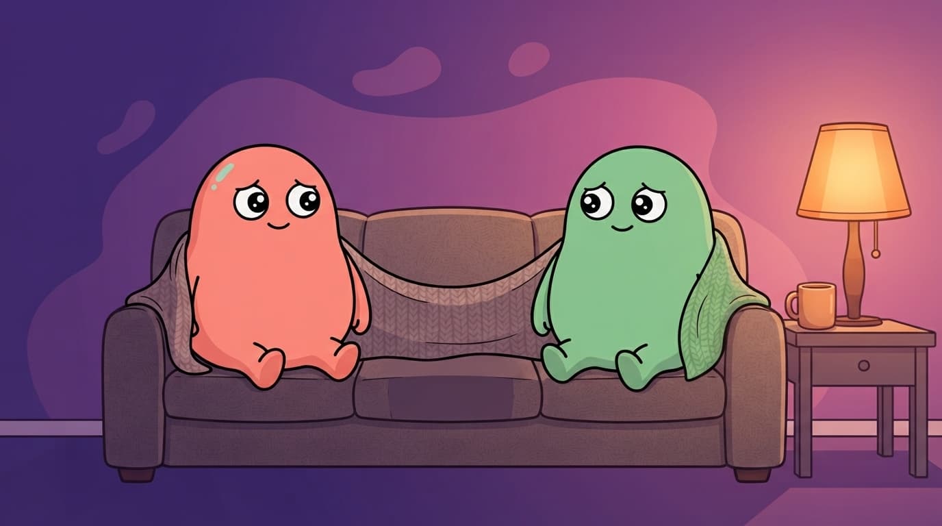 The coral and mint peek partners sit at opposite ends of the same couch under one blanket, phones down, a small quiet gap of cushion between them in a warmly lit living room.