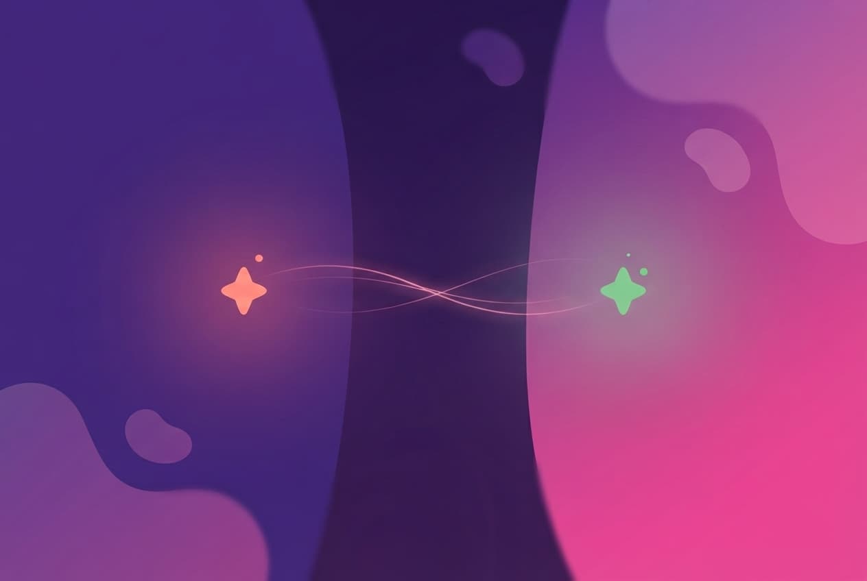 Two small coral and mint sparks drift slowly back toward each other across a soft dark gap, faint threads of warm light beginning to link them again.
