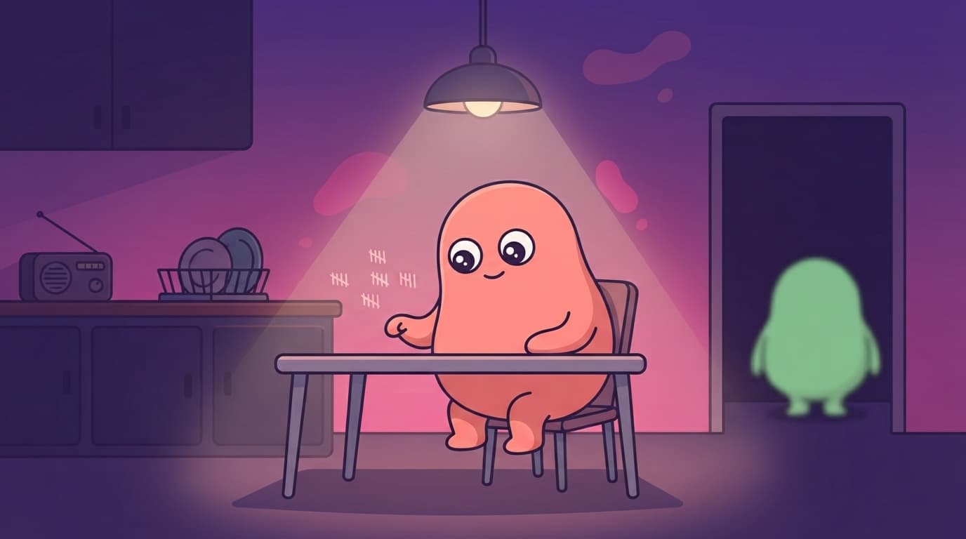 The coral peek partner sits alone at a kitchen table at night, quietly adding a mark to a small mental tally, while the mint partner's shape is dim and far off in the doorway behind.
