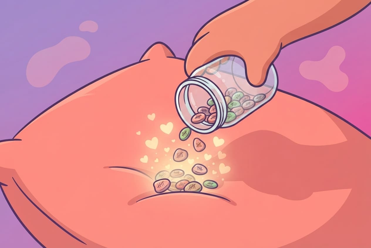 A blob-humanoid hand tips over a small full jar of tally-mark pebbles and they scatter and dissolve into soft light, the count emptying out instead of being added to.