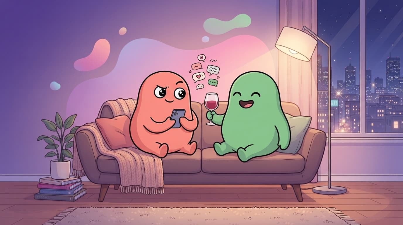 The coral and mint peek partners on their city apartment sofa at night, one scrolling a phone and turning to the other with a curious raised eyebrow, the other mid-laugh with a wine glass.
