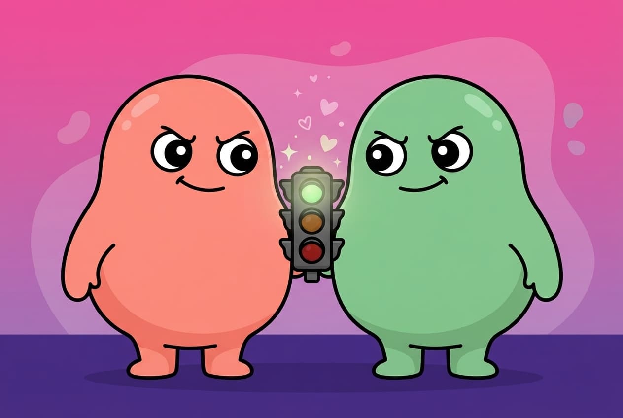 A close visual metaphor: the coral and mint peek partners side by side holding a small glowing traffic light between them, its green lamp lit, both grinning like they're about to set off somewhere new.
