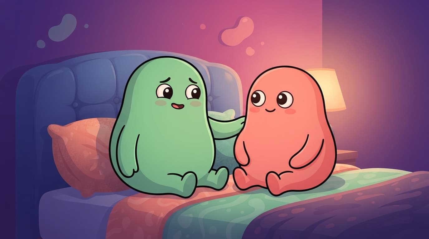 The mint peek partner sits up against the headboard at night, one hand resting gently on the coral partner's shoulder, saying a soft no that lands as warmth rather than a shut door.