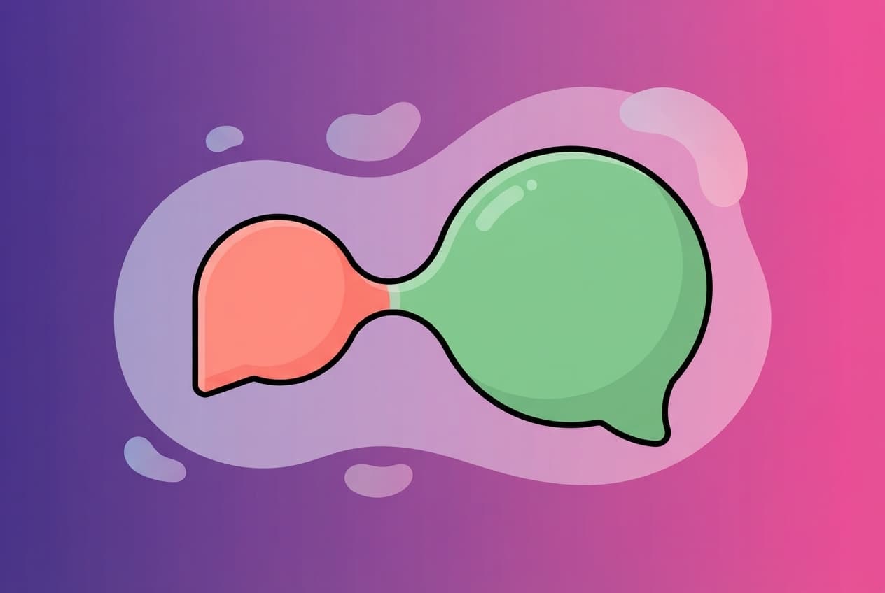 Two overlapping speech bubbles in the peek couple's coral and mint, a hard closed 'no' bubble softening into an open, warm 'not tonight, but' bubble that stays connected to the other.