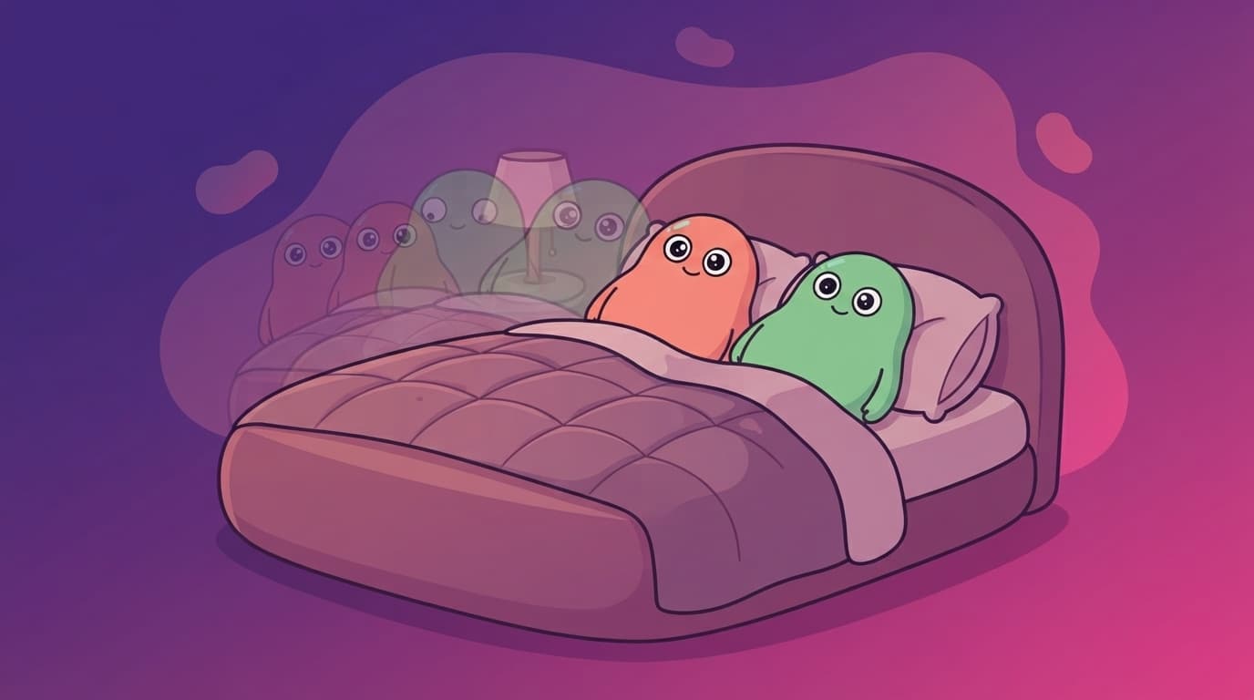 The coral and mint peek couple lie in bed at night facing the same direction in an identical mirrored pose, a faint repeating outline of the same pose stacked behind them like a loop.