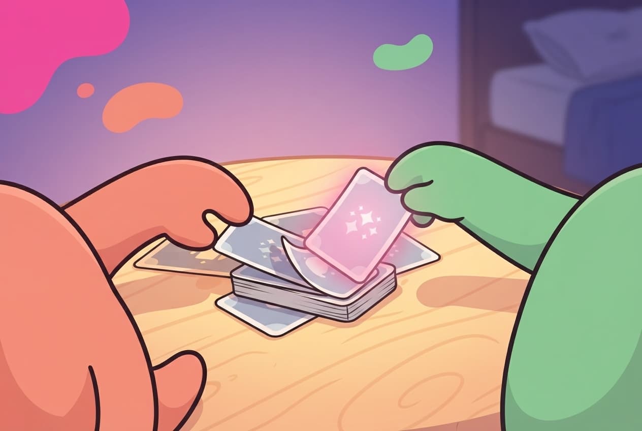 A close overhead view of the coral and mint peek couple's hands each turning over a fresh playful card from a small deck, mid-shuffle, a new card catching a soft glow.