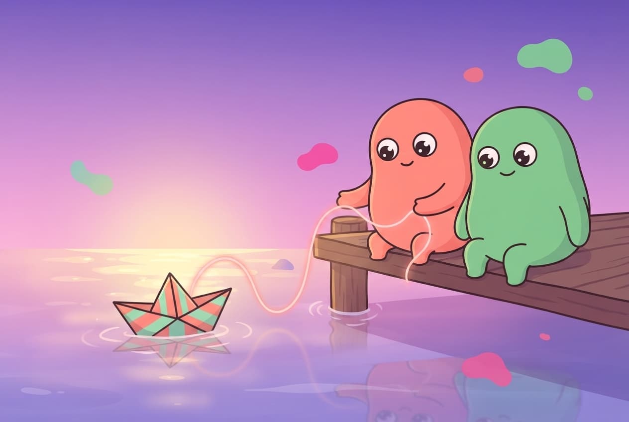 A small paper boat drifting away from a dock while a gentle thread from the peek couple gently reels it back before it gets far.