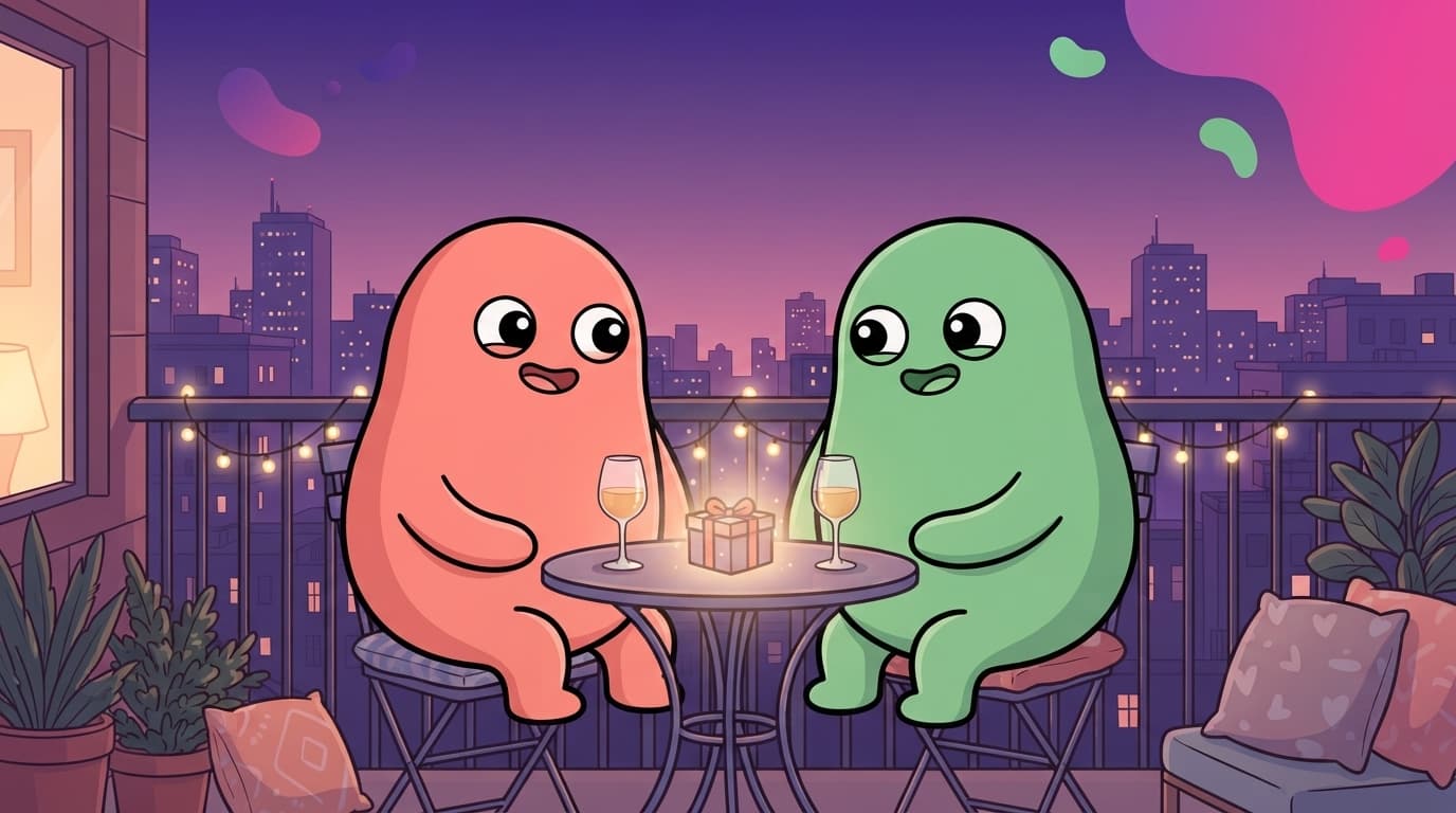 The coral and mint peek partners sit close on a city balcony at dusk, mid-conversation and easy with each other, while one small topic sits between them like a wrapped box neither reaches for.