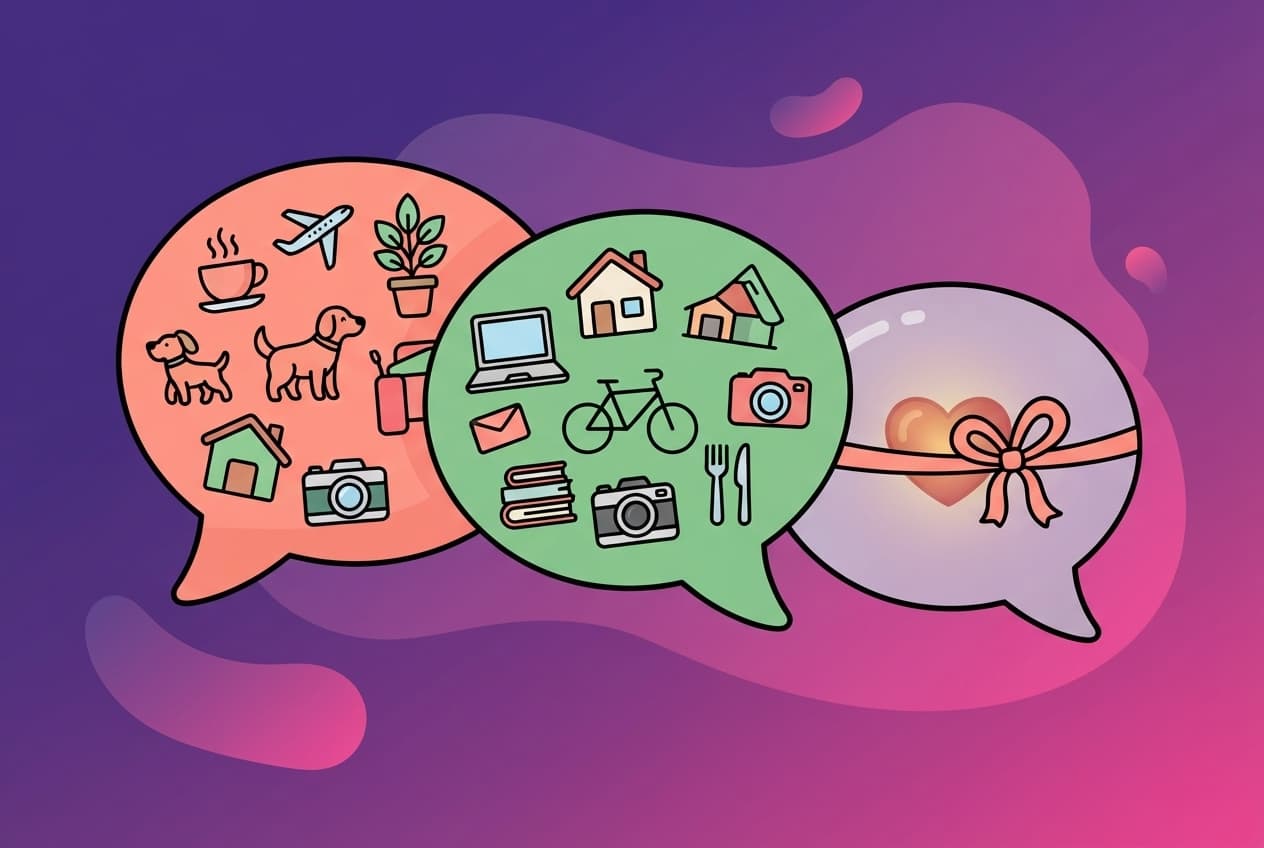 Two speech bubbles between the coral and mint peek partners are full of tiny icons of everyday life, while a third smaller bubble sits closed and unopened, holding a soft glowing heart inside.