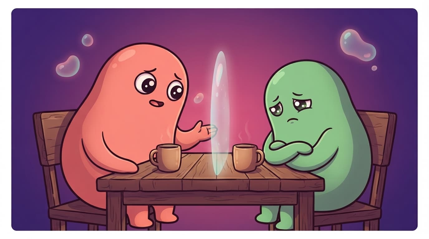 The coral peek partner leans in mid-sentence at the kitchen table while the mint partner turns slightly away, arms drawn in, a soft wall going up between them.