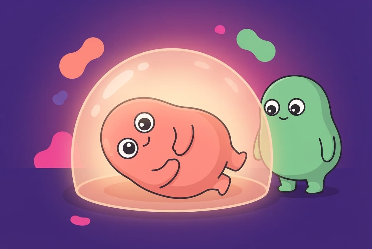 A small blob-humanoid figure curled protectively inside a soft glowing dome, a shell of safety rather than a locked door, with a warm light waiting just outside it.