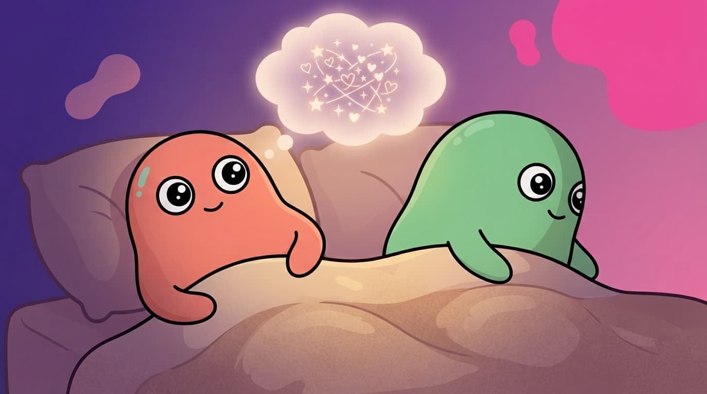the coral and mint peek couple lying awake back to back in bed at night, a small worry balloon of an unsaid sentence hovering above the coral partner's head