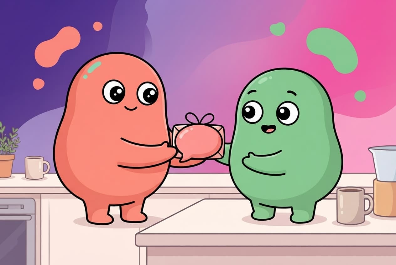 the coral peek partner offering the mint partner a small wrapped gift shaped like a speech bubble, reframing a request as an invitation rather than a complaint