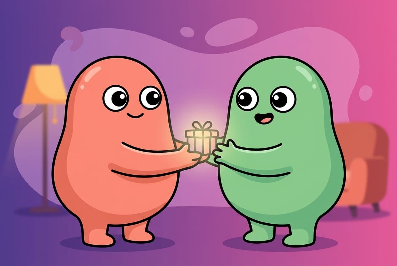 The coral peek partner holds out a small glowing wrapped gift to the mint partner, who receives it with a delighted surprised smile.