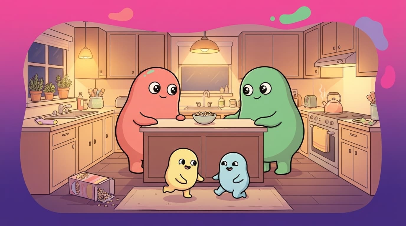 The coral and mint peek couple sharing a quiet grin across a kitchen island while two small blob kids play at their feet.