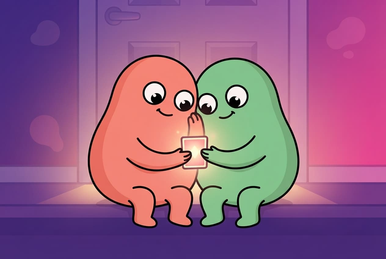 A small coral and mint blob couple leaning close over a single glowing card while a closed kids' bedroom door glows softly in the background.